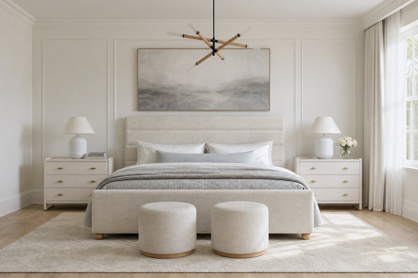 Sakaia visualization: a bedroom with a boucle upholstered headboard, grey-toned bedding and panel-molded walls in a cool white palette.