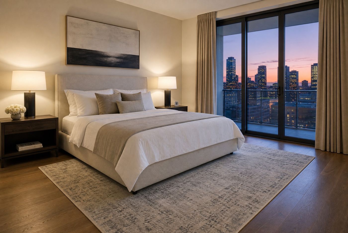 Bedroom design study at dusk: grey vintage rug under the bed, city skyline beyond.