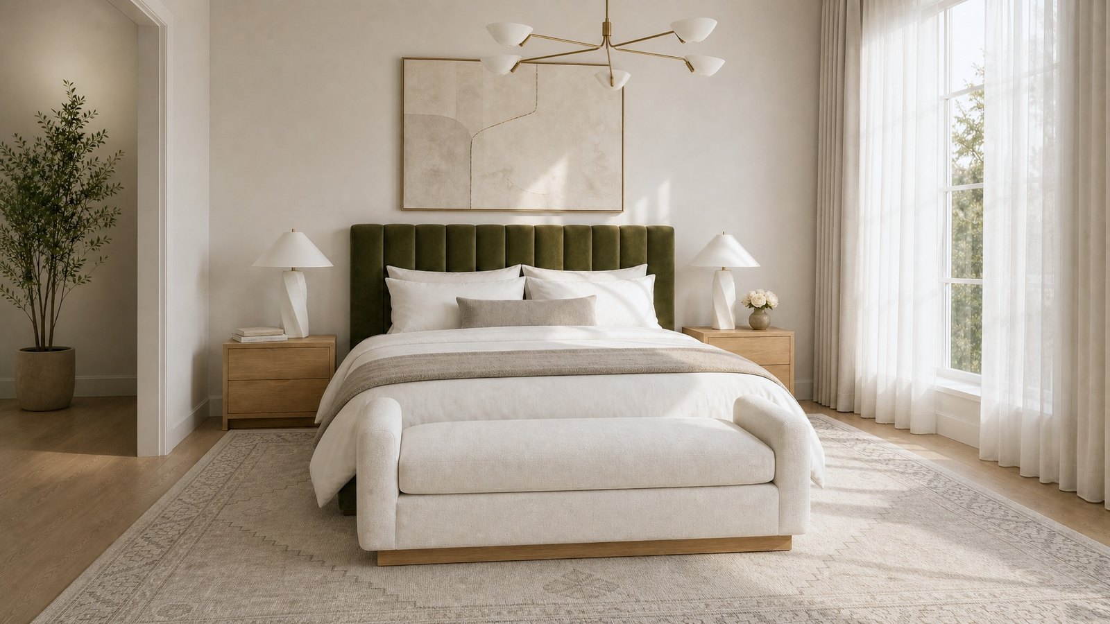 Sakaia visualization: a white bed styled in the hotel look, with one lumbar pillow and a muted throw folded across the foot.
