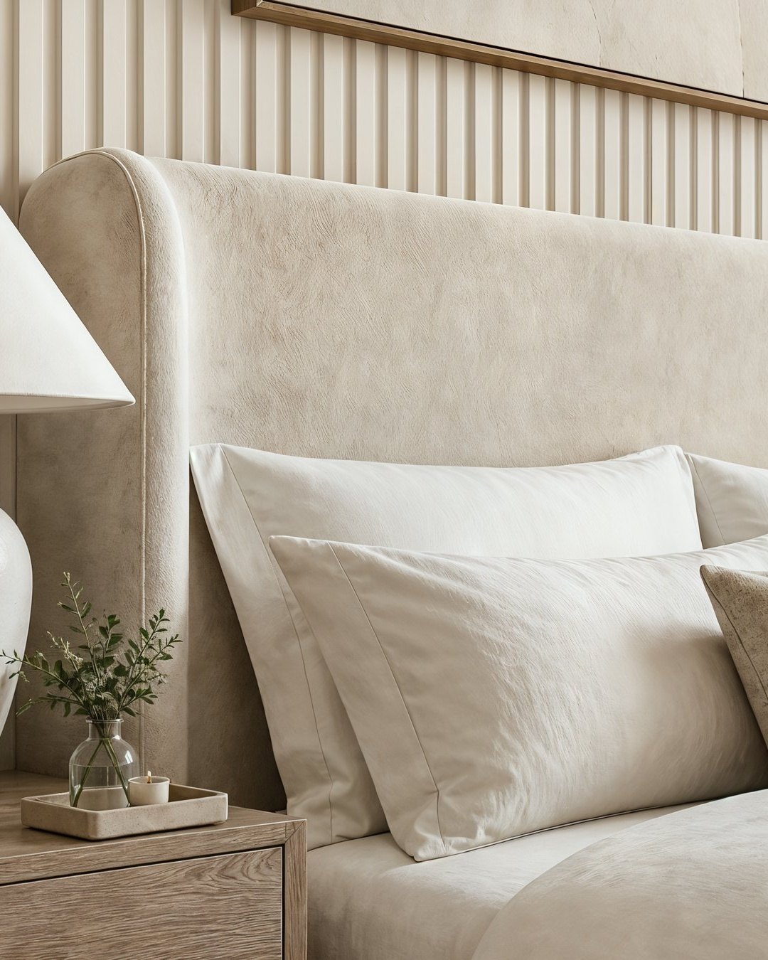 Bedroom detail: an oak nightstand with a ceramic lamp and a small glass vase, layered white and oatmeal linen on the bed, Dubai.