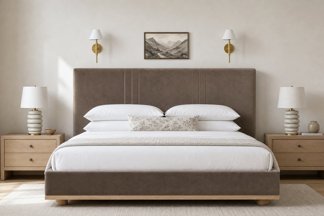 Sakaia visualization: a bedroom with a wide upholstered headboard, paired ceramic table lamps, brass wall sconces and a framed landscape print centered above the bed.