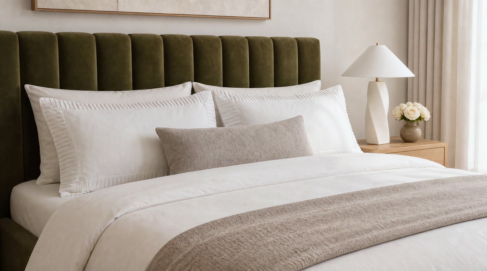 Sakaia visualization: a close styling detail of stacked and leaning decorative pillows on a made bed.