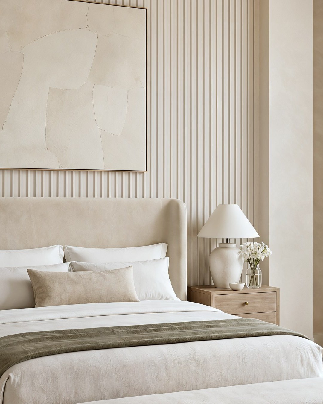 A bedroom with a reeded wall, a large pale plaster artwork above an upholstered headboard, matching ceramic lamps on oak nightstands and an olive green throw, Dubai.