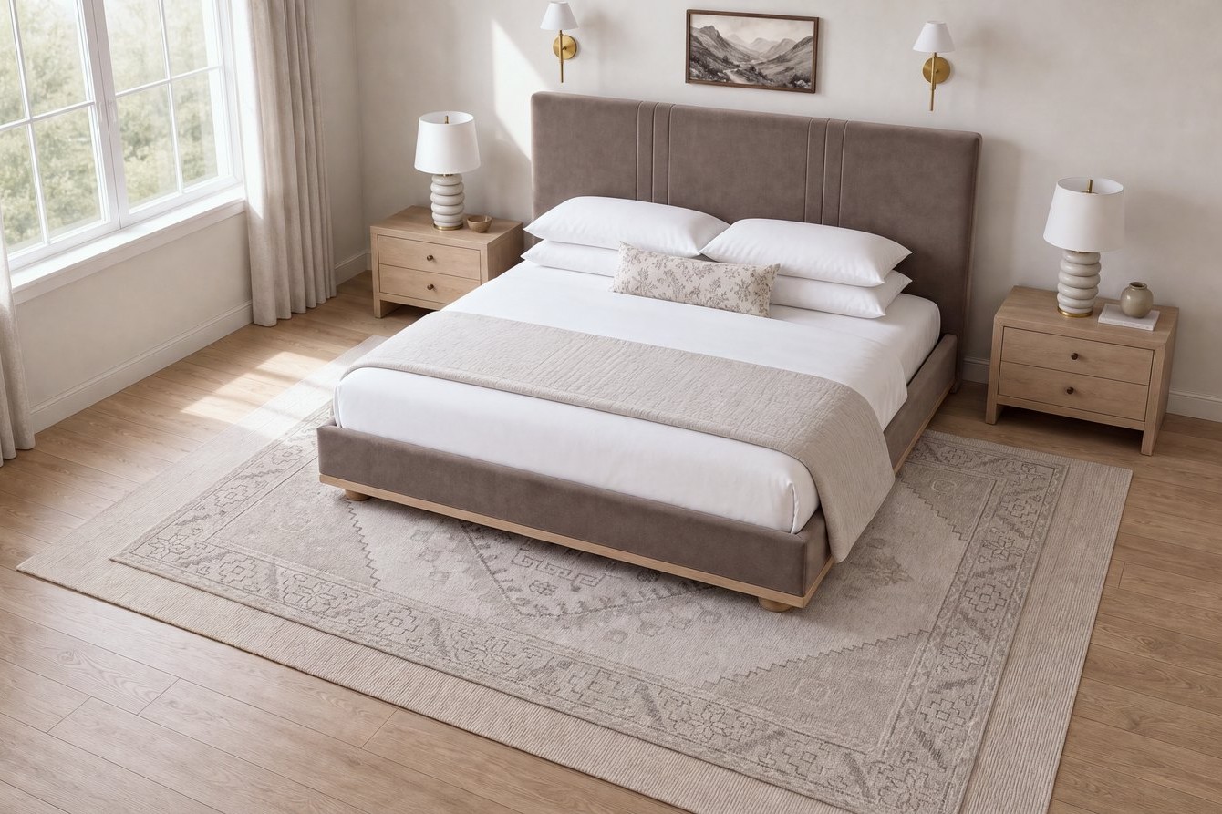Sakaia visualization: a bedroom seen from a raised angle, the patterned rug extending generously past every side of the bed.
