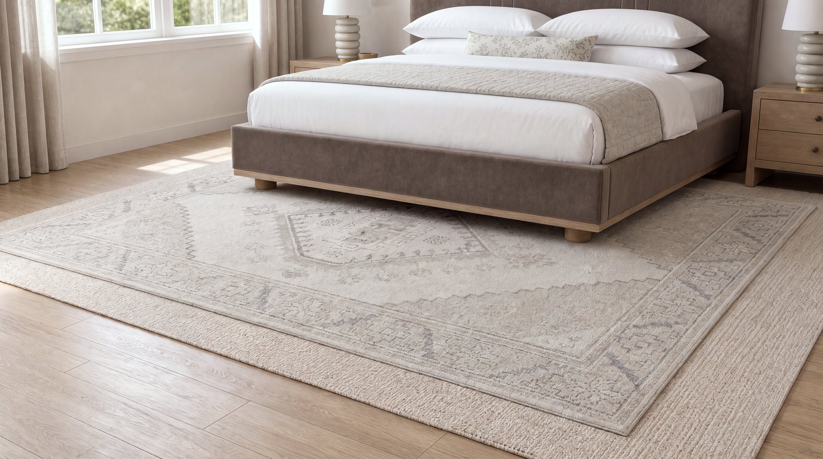 Sakaia visualization: a smaller patterned rug layered centered over a large, flat woven jute base, at bed height.