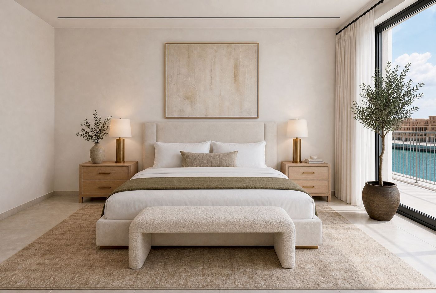 Bedroom design study: sand toned rug extending past the bed, olive throw, textured art.