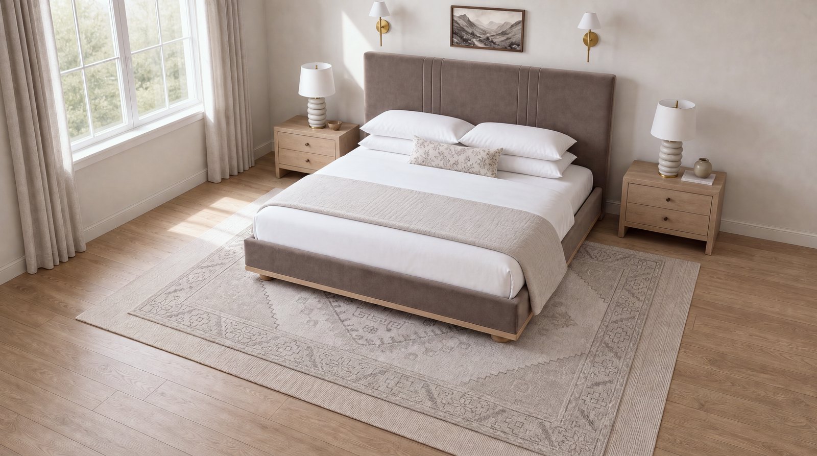 Sakaia visualization: a bedroom seen from above, the rug extending generously past every side of the bed.