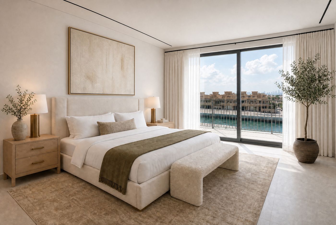 Bedroom visualization with sheer curtains, balcony doors, an olive tree, and layered neutral bedding.