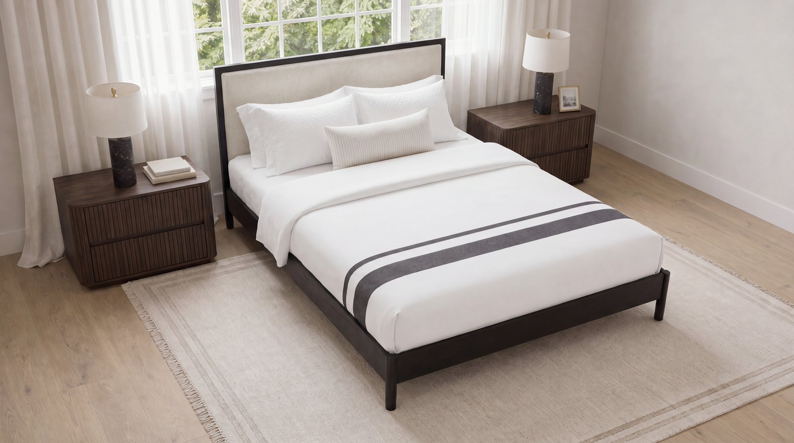 Sakaia visualization: a white duvet with a single deep grey stripe band beside a slim companion stripe, by a window.