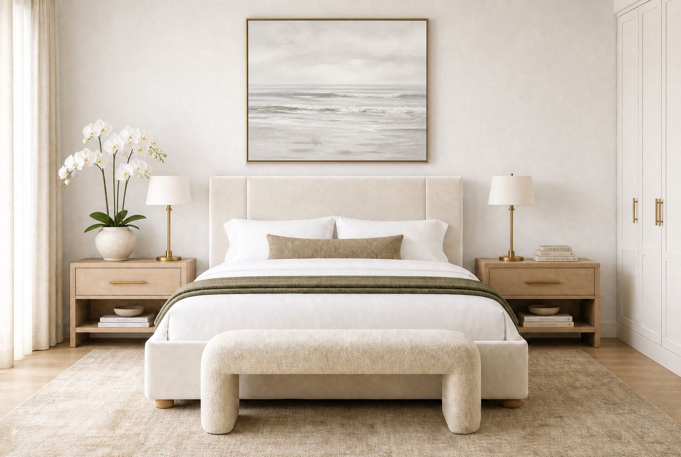 Bedroom design visualization: symmetric composition, seascape artwork above an upholstered bed, paired oak nightstands.