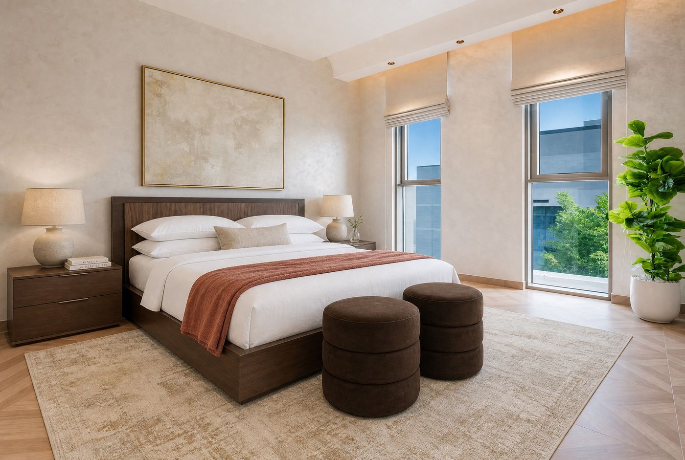 Bedroom visualization with a terracotta throw, brown ottomans, and warm neutral walls.