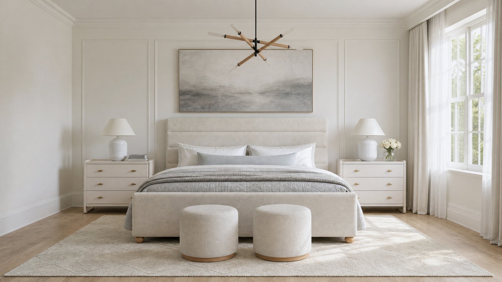 Sakaia visualization: a bed styled tone on tone in one dusty neutral family, depth built entirely from fabric texture.