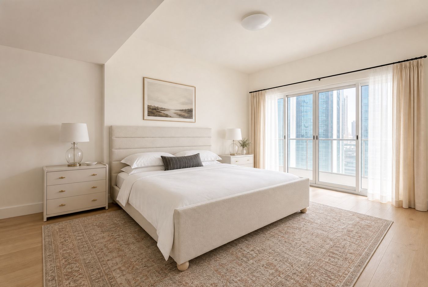 Bright bedroom visualization with visible wood floor, a sized rug, and a city view through sliding doors.