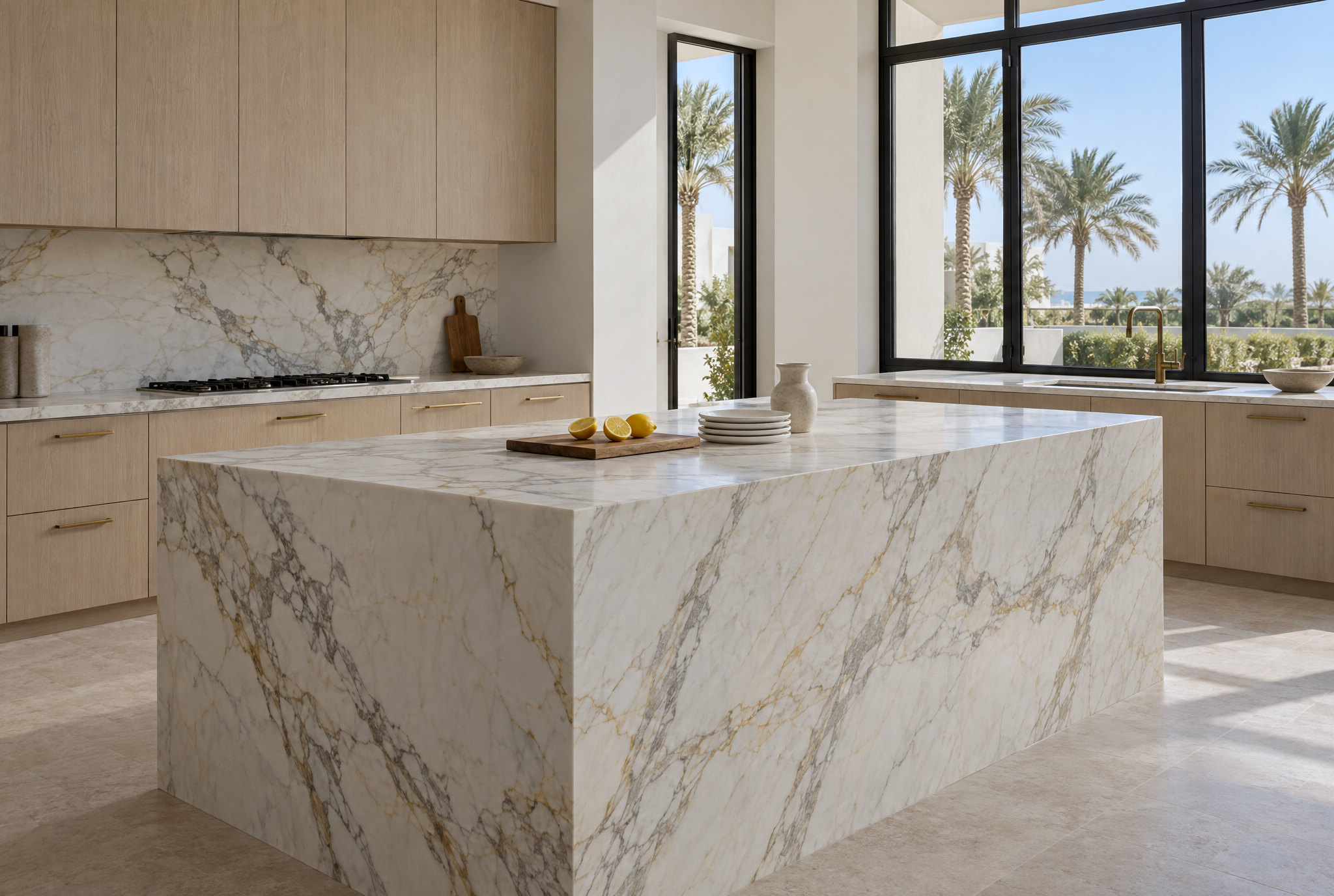 A kitchen in a Dubai villa with a Calacatta marble waterfall island, pale oak cabinetry and cut lemons on a board, design study by Studio Sakaia