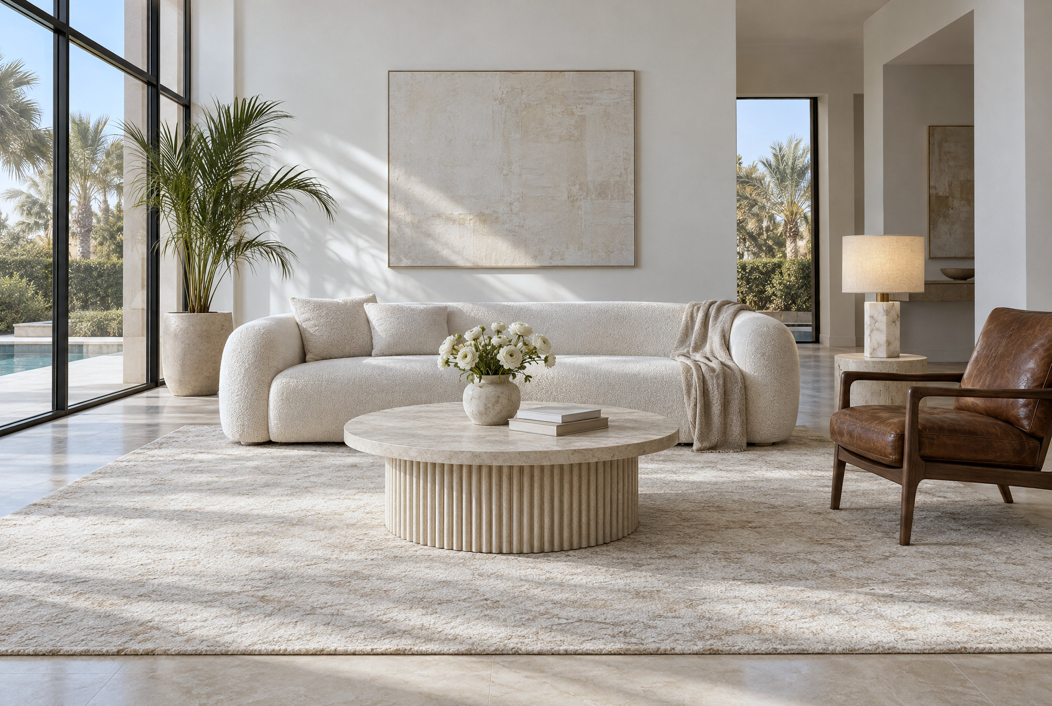 A calm living room in a Dubai villa that mixes an ivory boucle sofa, a vintage walnut and leather armchair and a fluted coffee table, with a table lamp at seated eye level, design study by Studio Sakaia