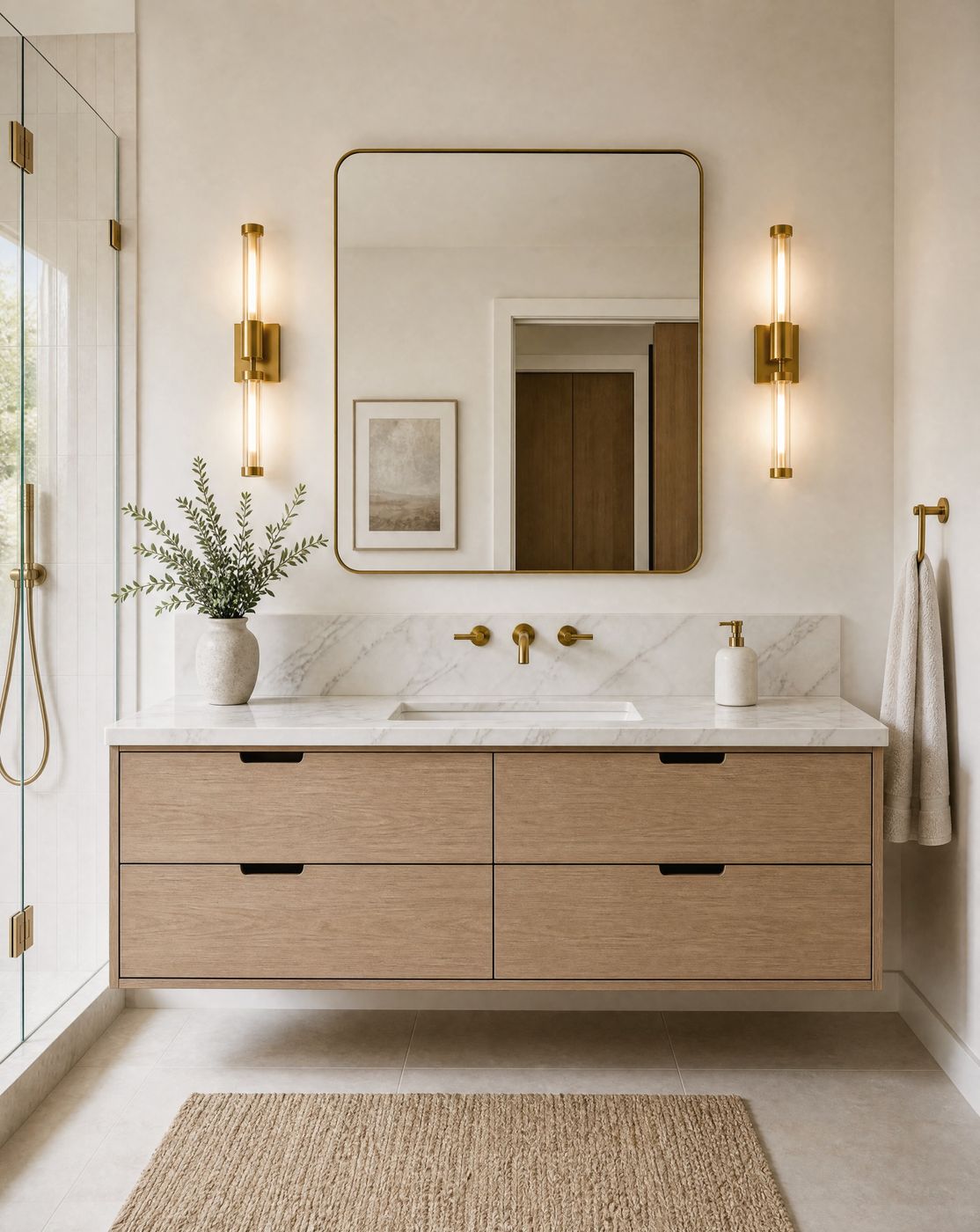 Vanity design study: floating white oak vanity, brass framed mirror, tube sconces, marble splashback.