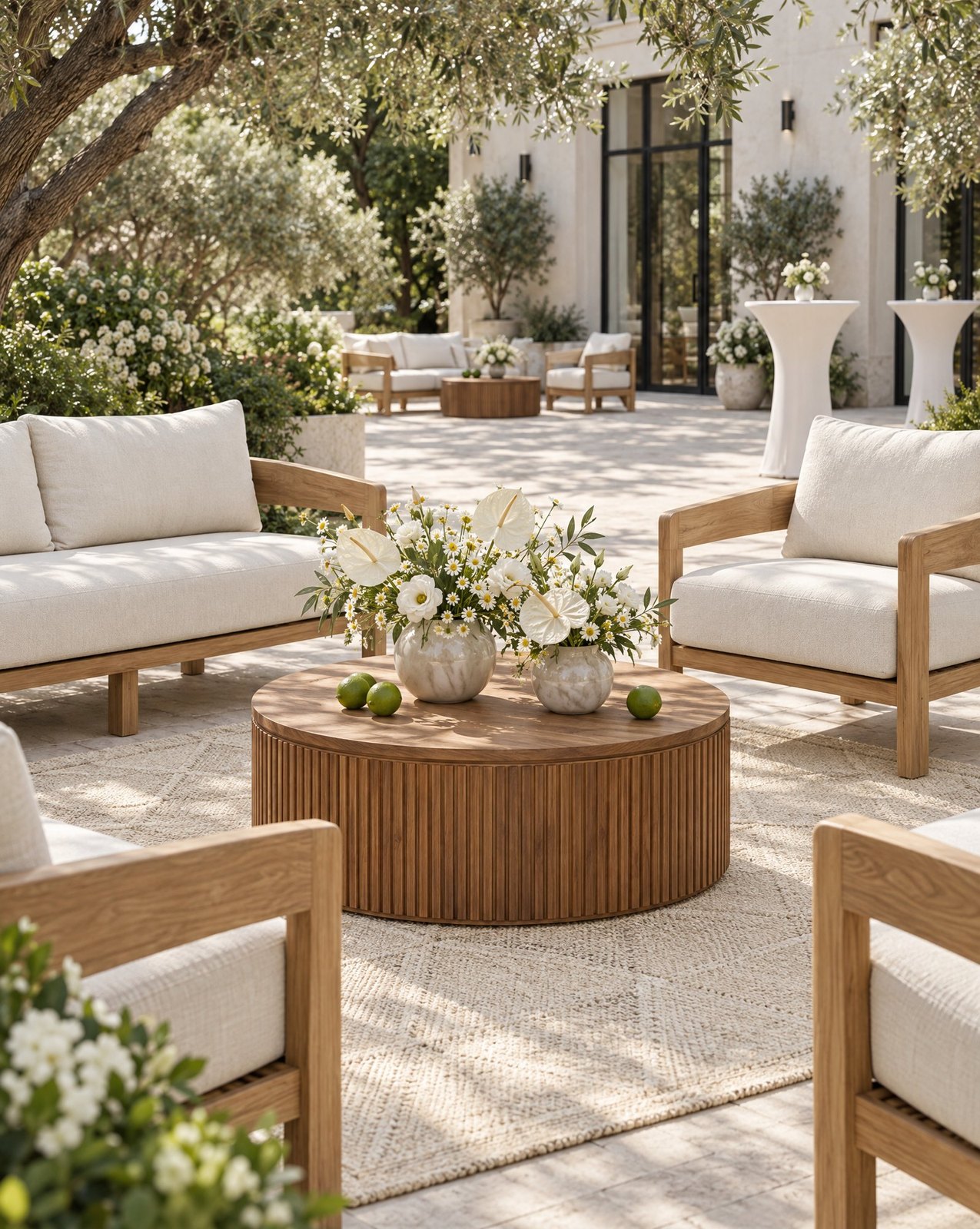 Garden wedding lounge with oak framed sofas and armchairs around a fluted round coffee table, white flowers and a villa terrace behind, Studio Sakaia design visualisation, Dubai.
