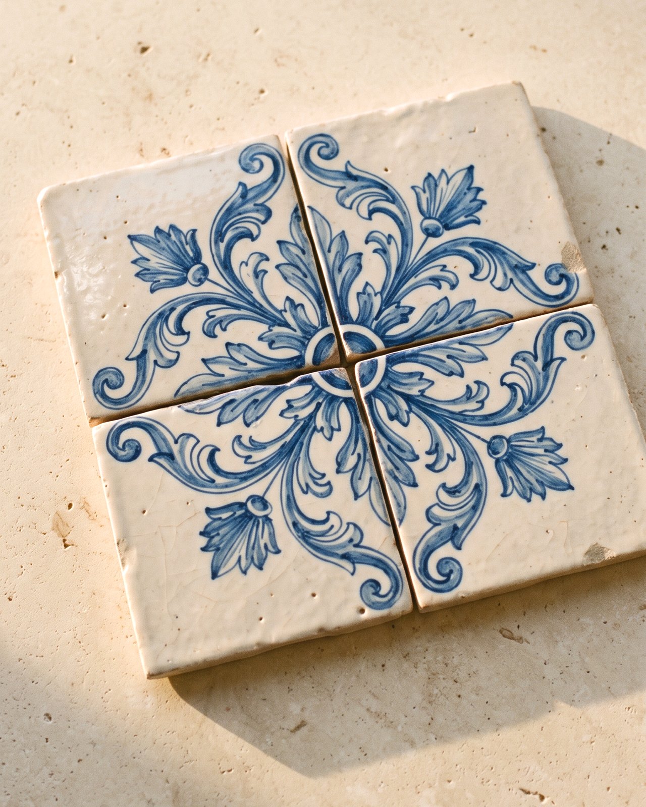 Four hand-painted blue and white Portuguese azulejo tiles on honed limestone in warm afternoon light, design visualisation by Studio Sakaia.