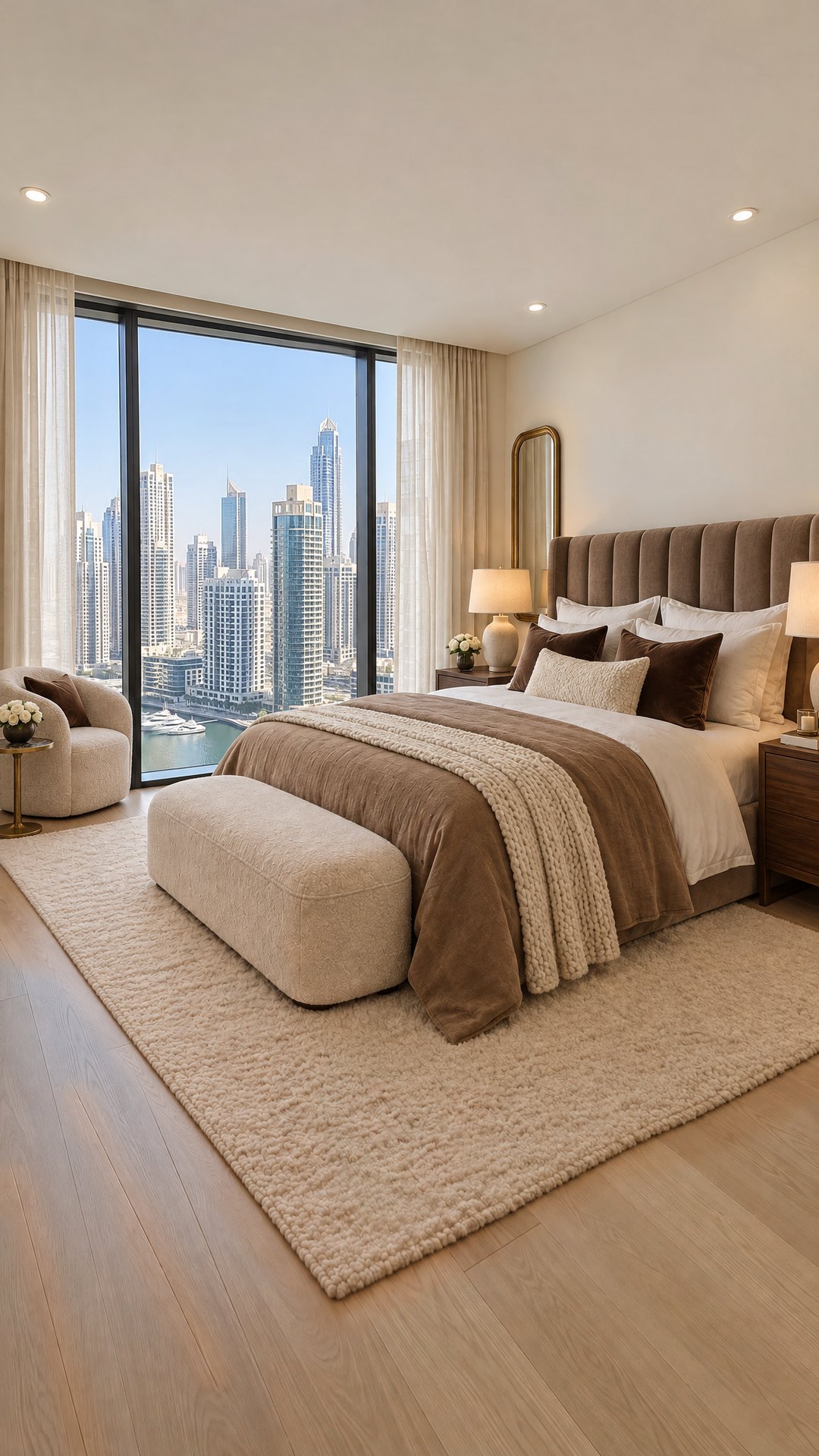 The same bedroom staged with a mocha velvet headboard, white hotel bedding and a reading chair by the window, design visualisation by Studio Sakaia.