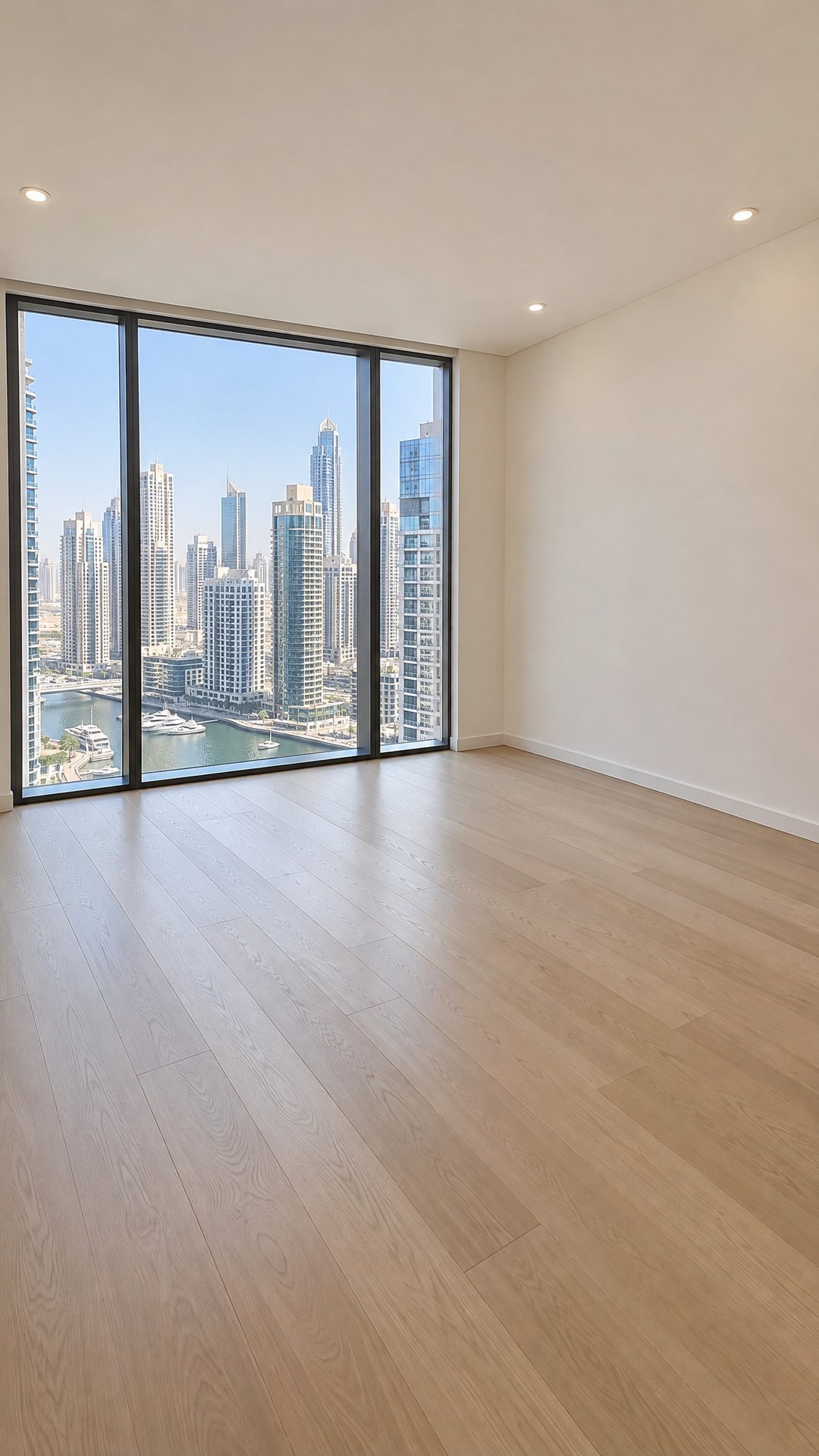 Empty master bedroom with a Marina view, before staging.