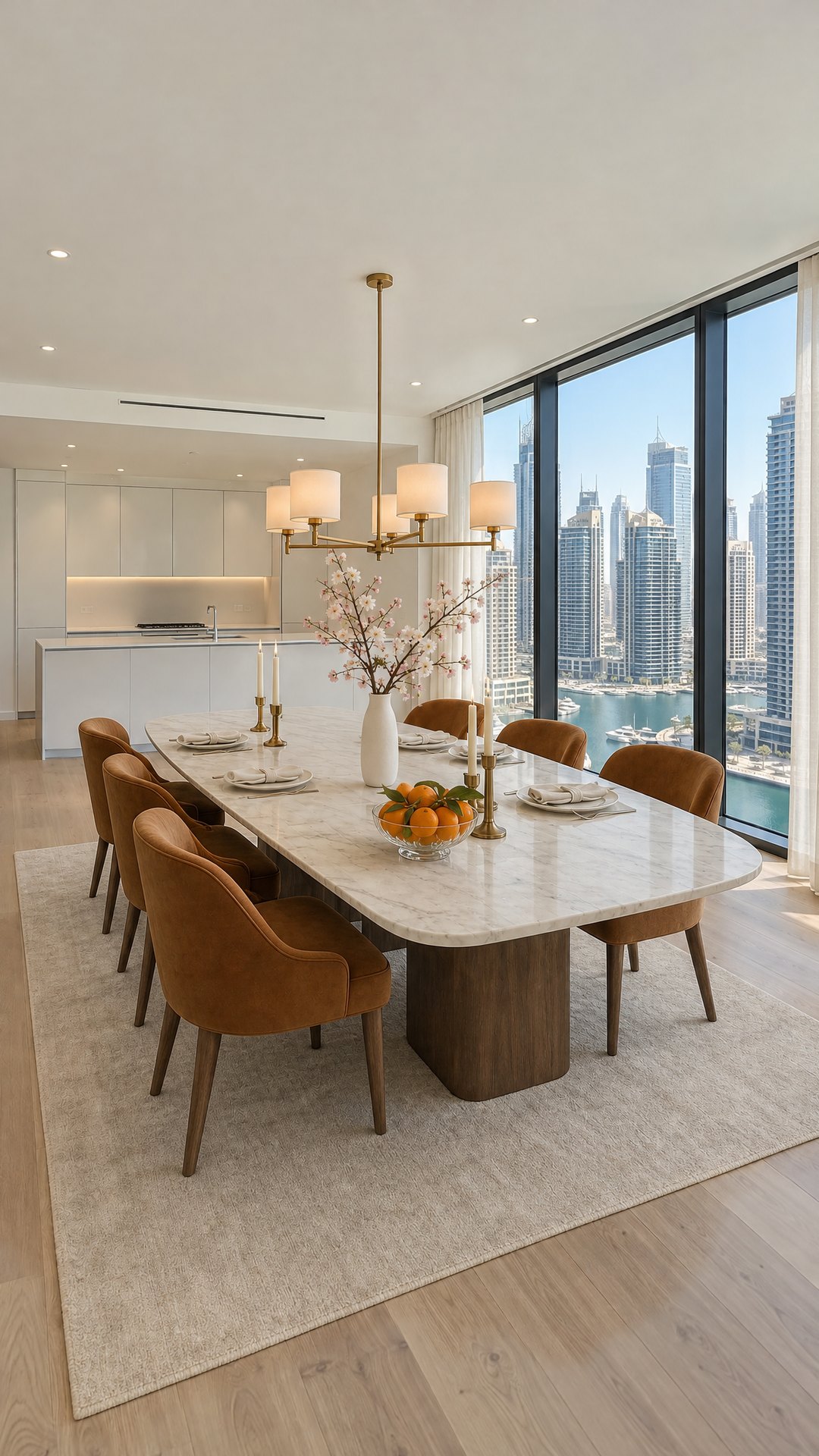 The same dining area staged with a marble dining table, caramel velvet chairs, a tall vase of cherry blossom branches and a brass chandelier, design visualisation by Studio Sakaia.