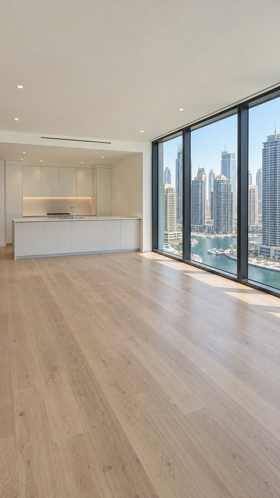 Empty open plan dining area beside a white kitchen, before staging.