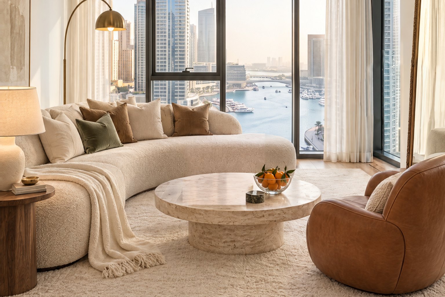 Staged Dubai living room with a curved bouclé sofa, travertine coffee table, cognac leather chair and brass floor lamp, design visualisation by Studio Sakaia.