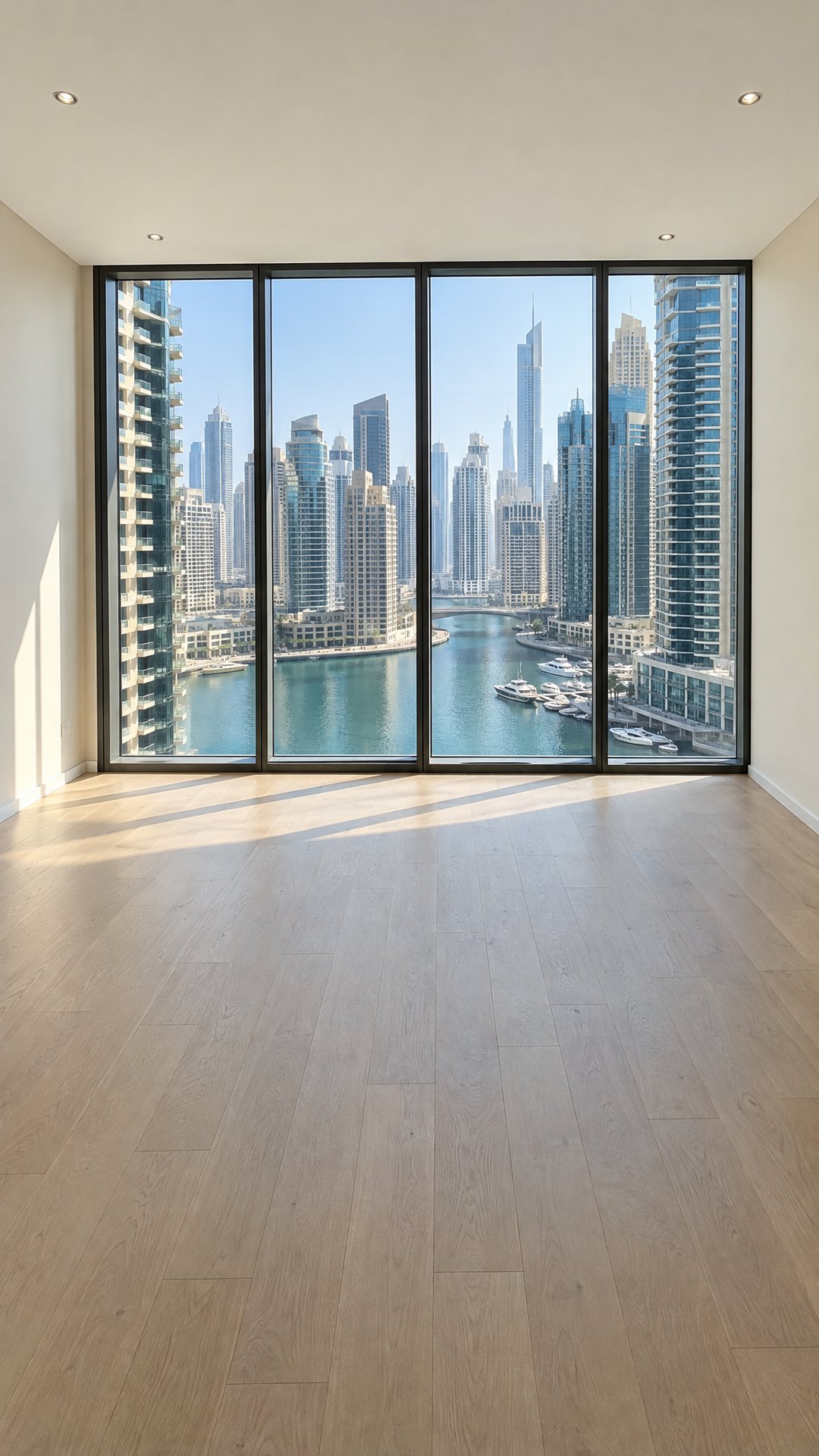 Empty living room in a Dubai Marina apartment with floor to ceiling windows, before staging.