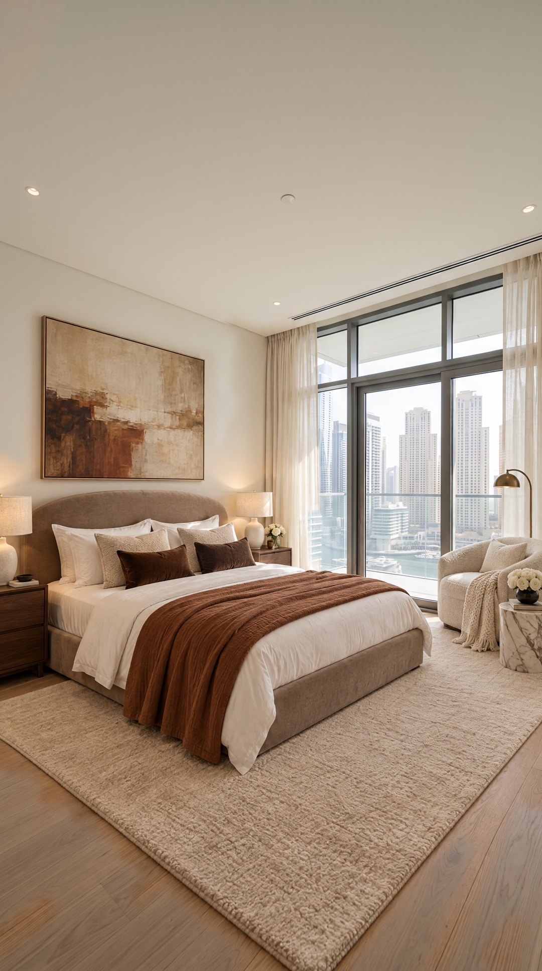 The same bedroom staged with a taupe velvet bed, rust linen throw and abstract painting, design visualisation by Studio Sakaia.