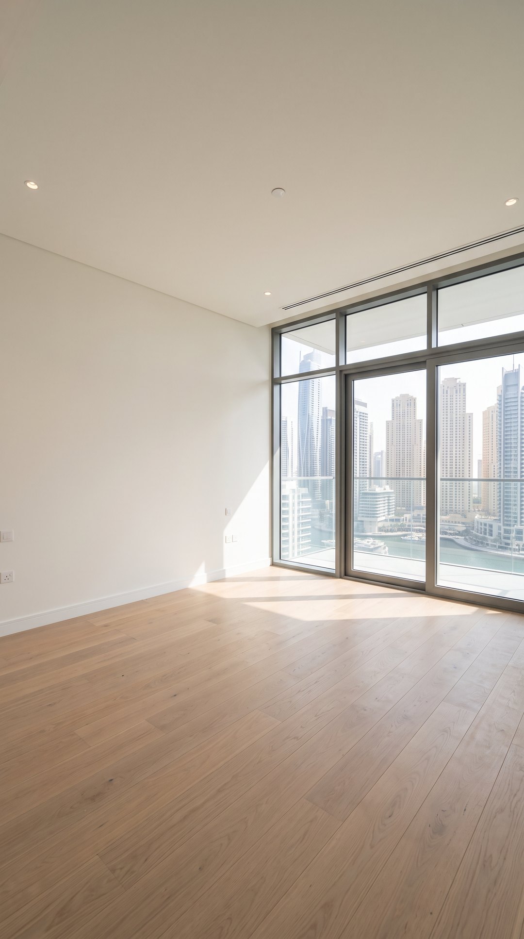 Empty bedroom with a balcony door and Marina view, before staging.