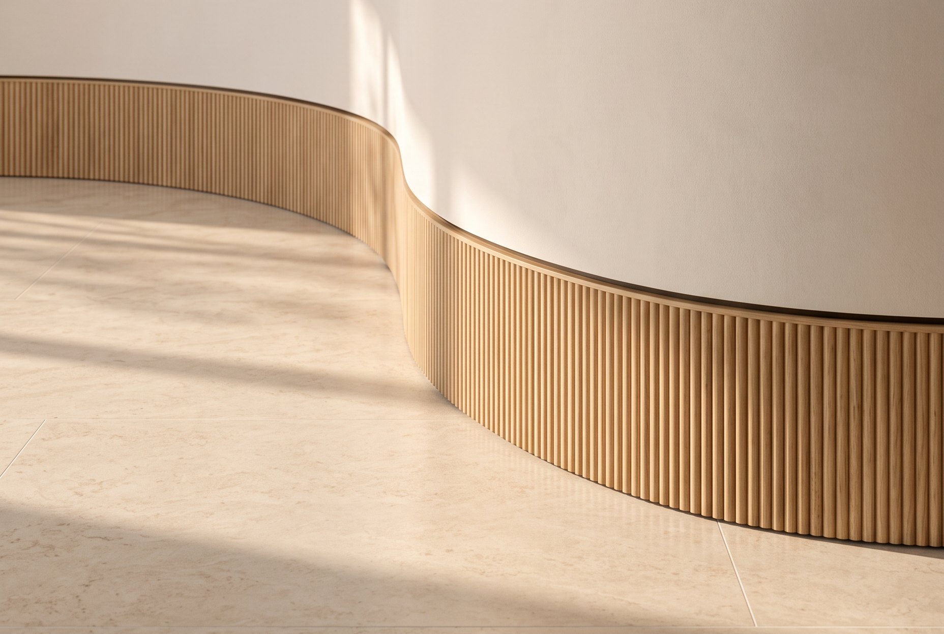 A reeded white oak baseboard following a curved plaster wall above a honed limestone floor in warm afternoon sun, design visualisation by Studio Sakaia.