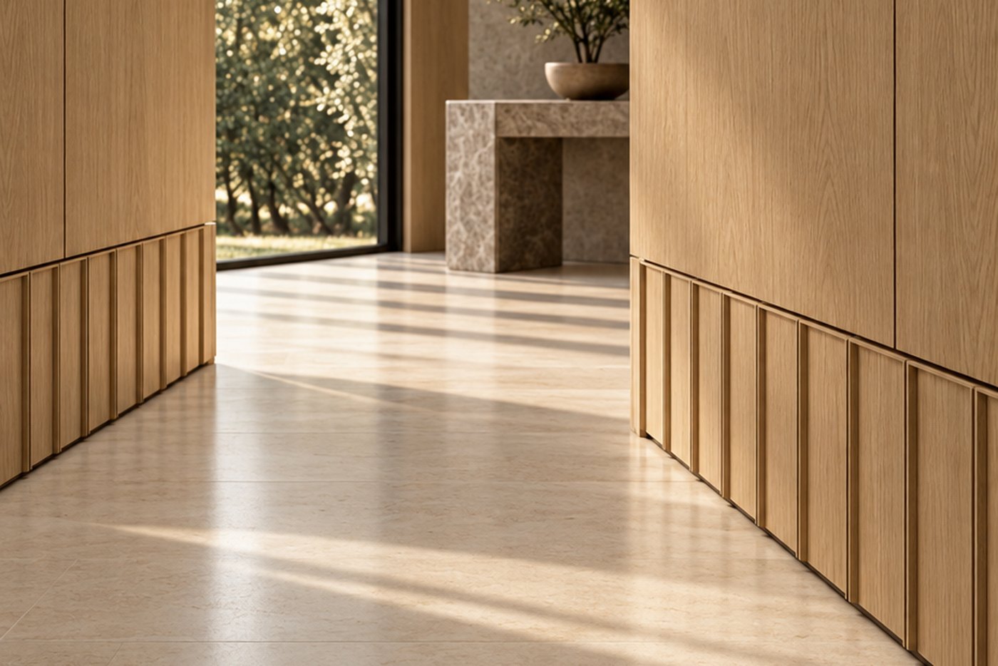 A sunlit corridor clad in oak with a panelled baseboard running along a honed limestone floor, design visualisation by Studio Sakaia.