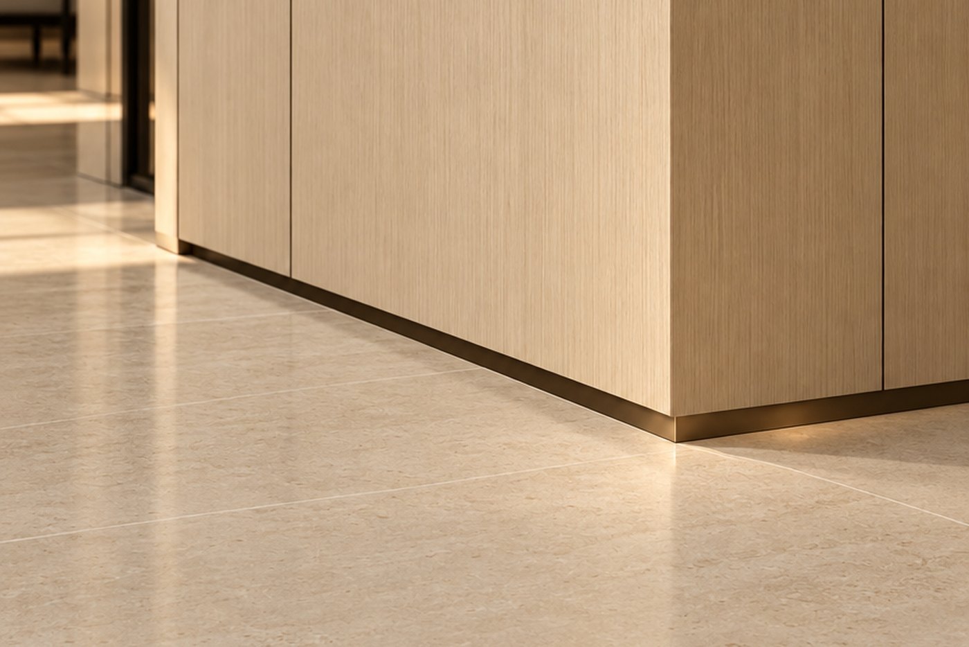 White oak wall panels floating above a honed limestone floor on a recessed shadow gap baseboard, design visualisation by Studio Sakaia.