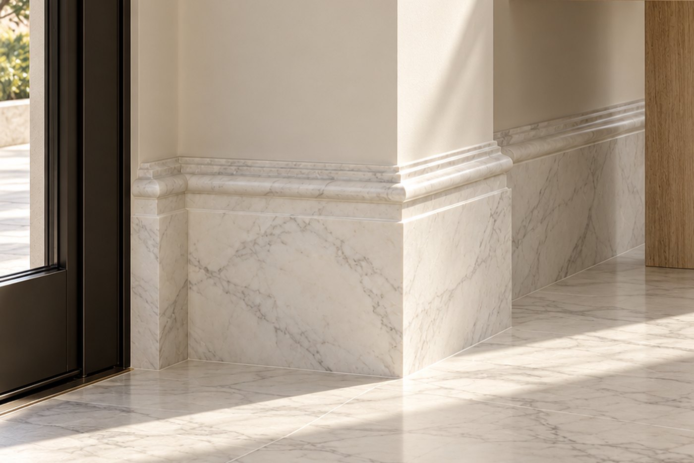 A honed white Calacatta stone plinth baseboard with a profiled cap wrapping a wall corner in warm sunlight, design visualisation by Studio Sakaia.