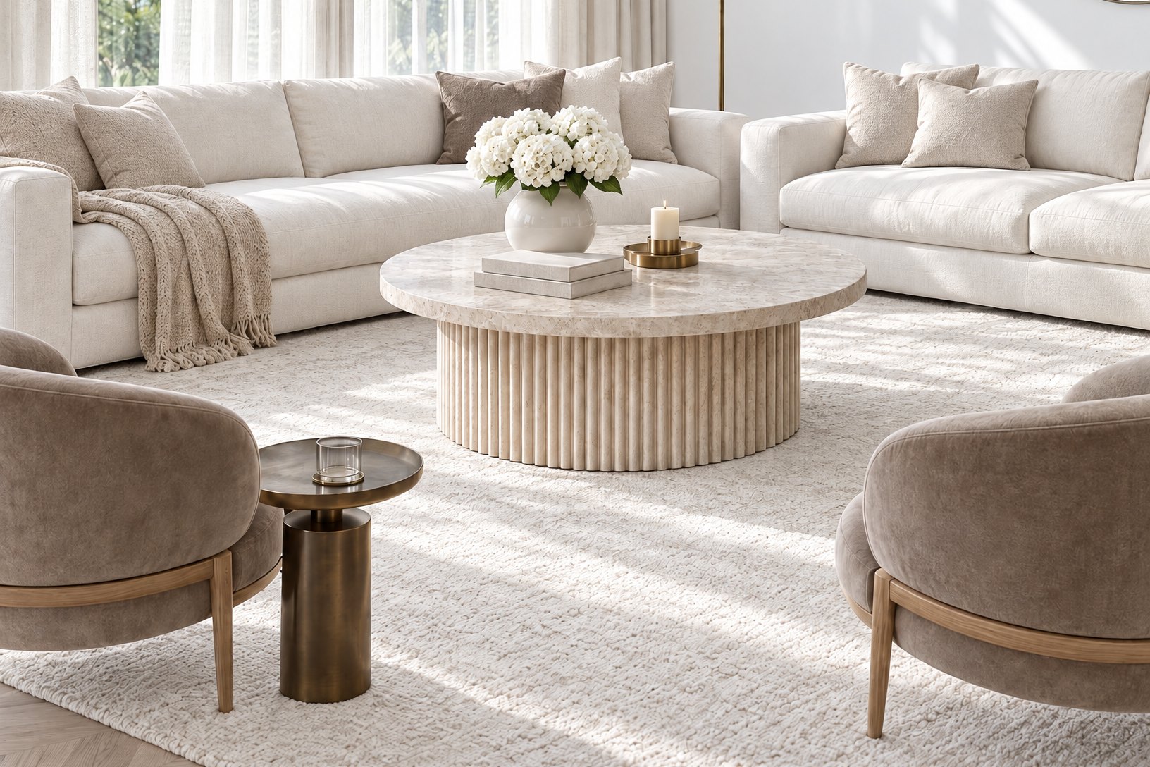 An ivory sofa and loveseat around a round fluted travertine coffee table, a brass floor lamp standing between them, design visualisation by Studio Sakaia.