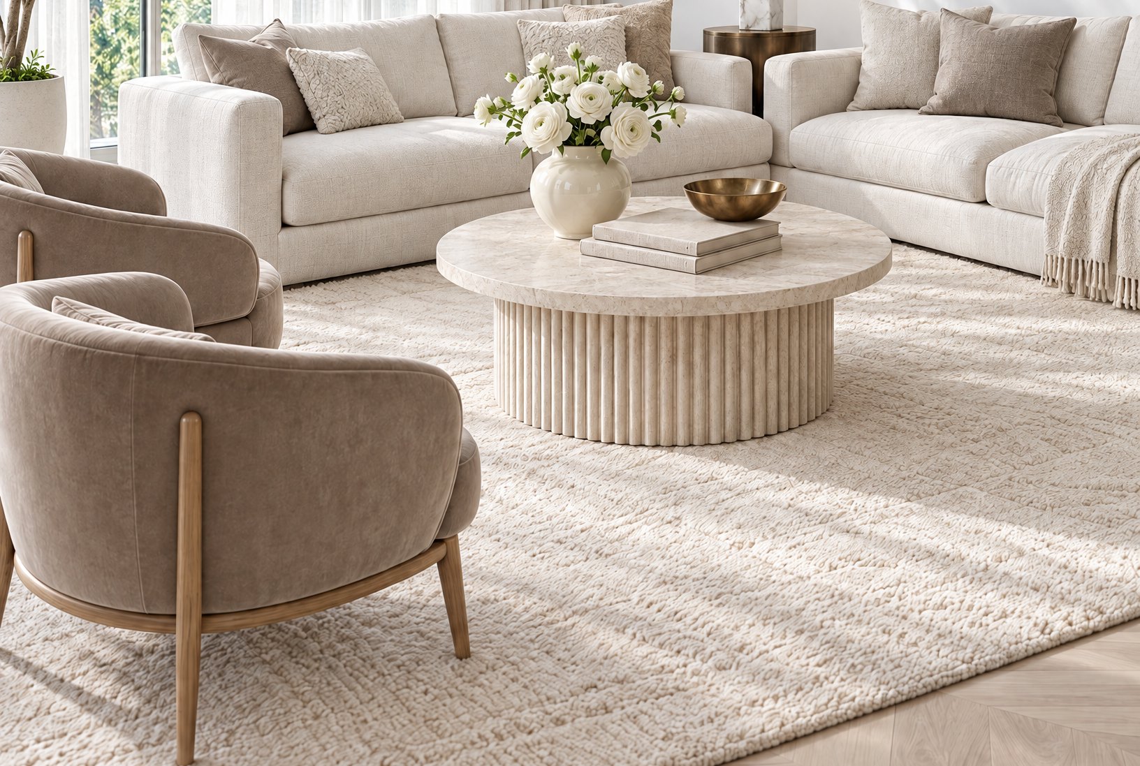 A bright living room in a Dubai villa with an ivory sofa and loveseat, two taupe velvet lounge chairs and a round fluted travertine coffee table, sheer ivory curtains, design visualisation by Studio Sakaia.