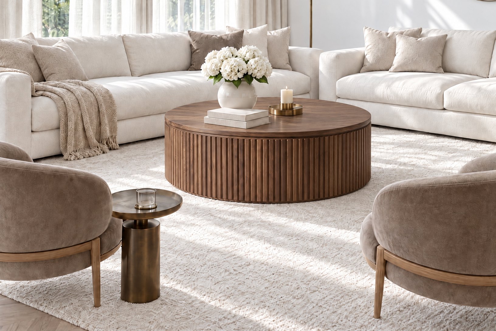 The same living room with a round fluted walnut coffee table in place of the travertine one, design visualisation by Studio Sakaia.