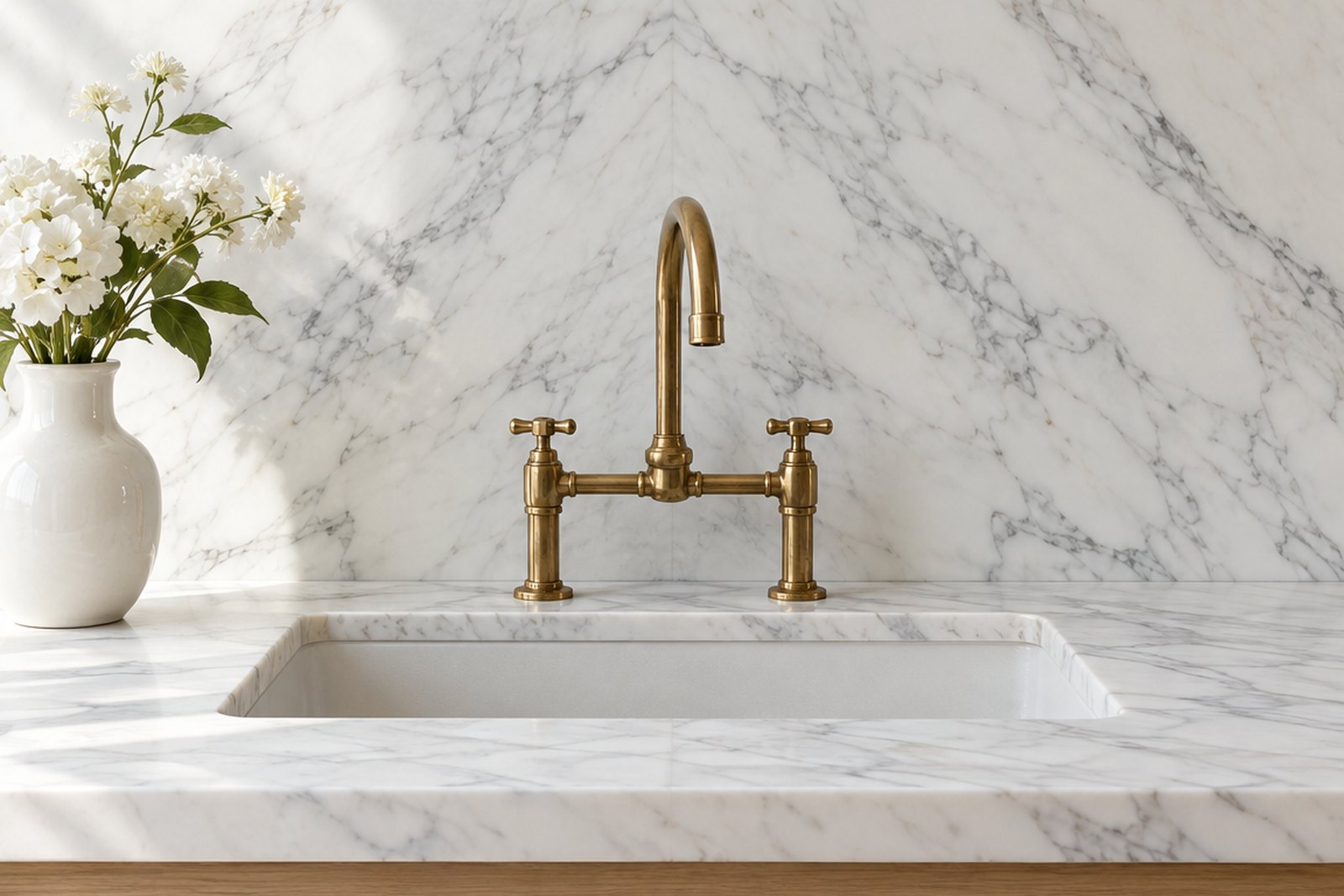 A sink wall with a book matched Calacatta marble backsplash, a brass bridge tap and oak cabinets, design visualisation by Studio Sakaia.