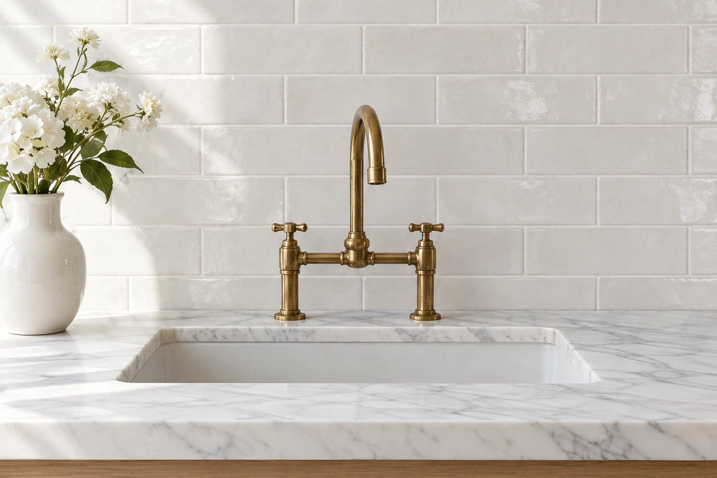The same sink wall tiled in long white zellige laid in a brick pattern, design visualisation by Studio Sakaia.