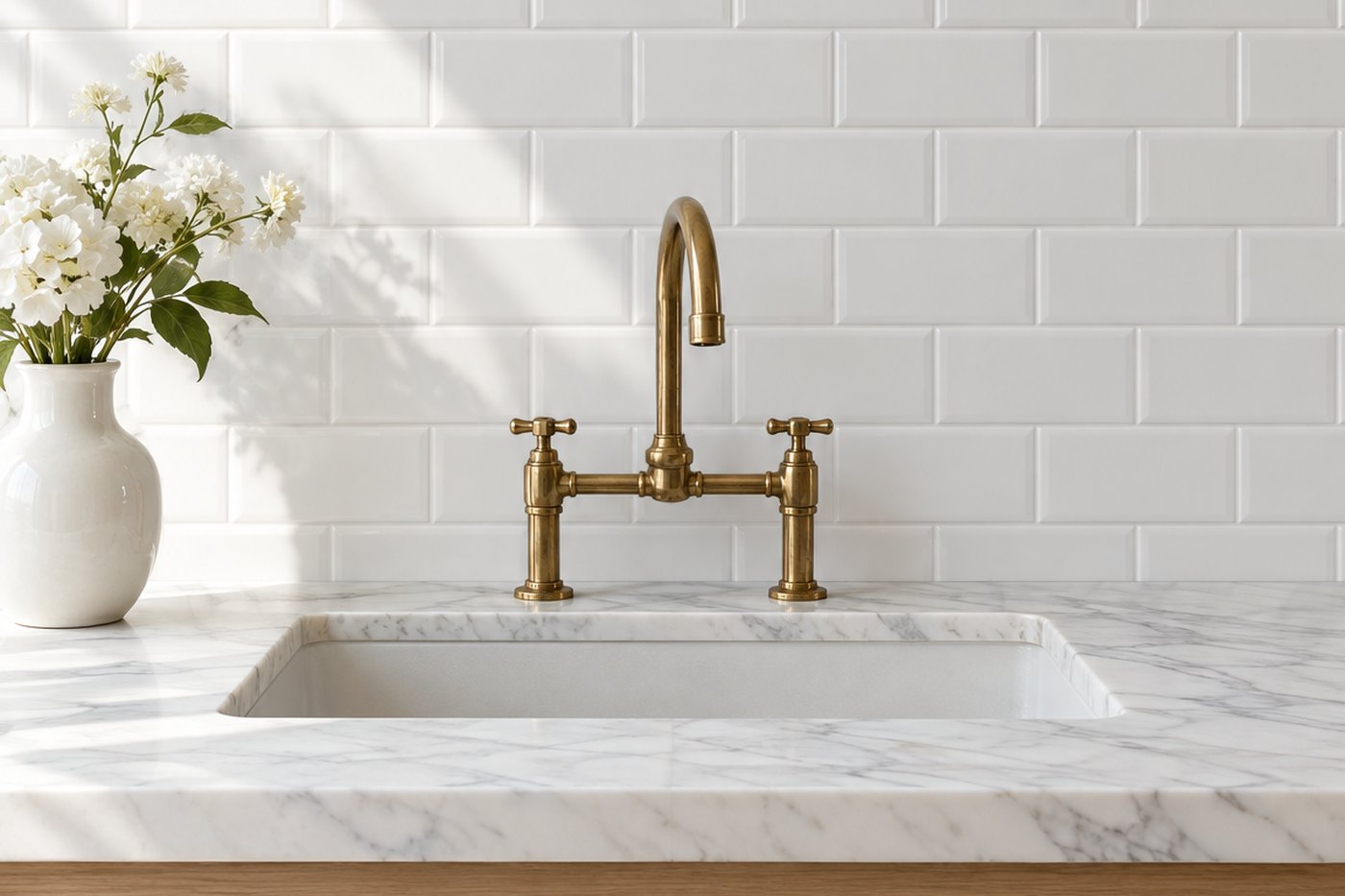 The same sink wall tiled in white subway tile in a classic offset pattern, design visualisation by Studio Sakaia.