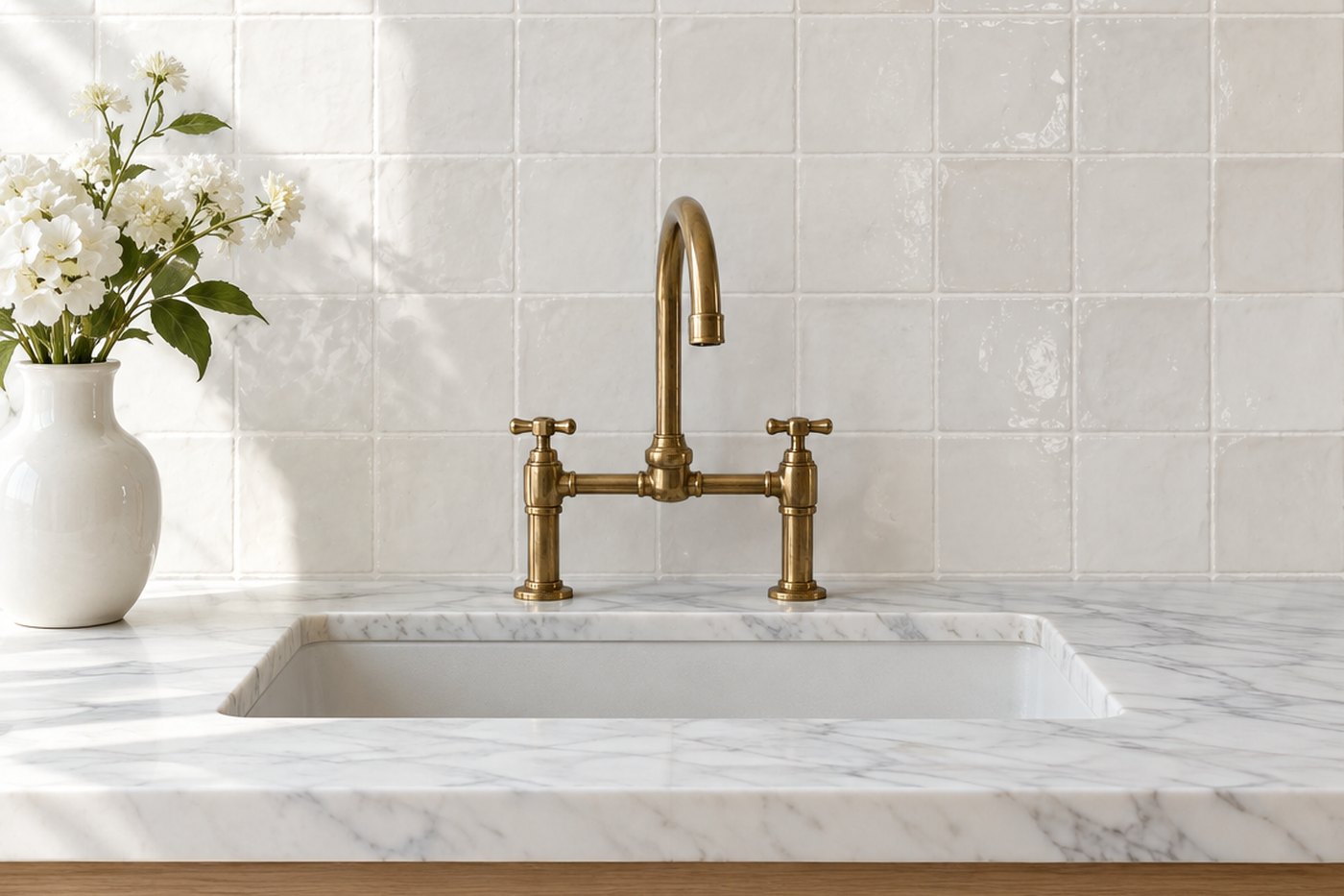 The same sink wall tiled in square white zellige, design visualisation by Studio Sakaia.