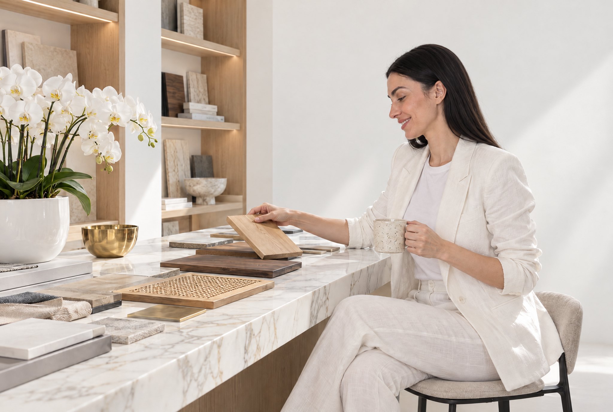 A designer in a white linen suit at a white marble counter with oak, walnut, cane and stone samples, white orchids and lit oak shelves behind, design visualisation by Studio Sakaia.