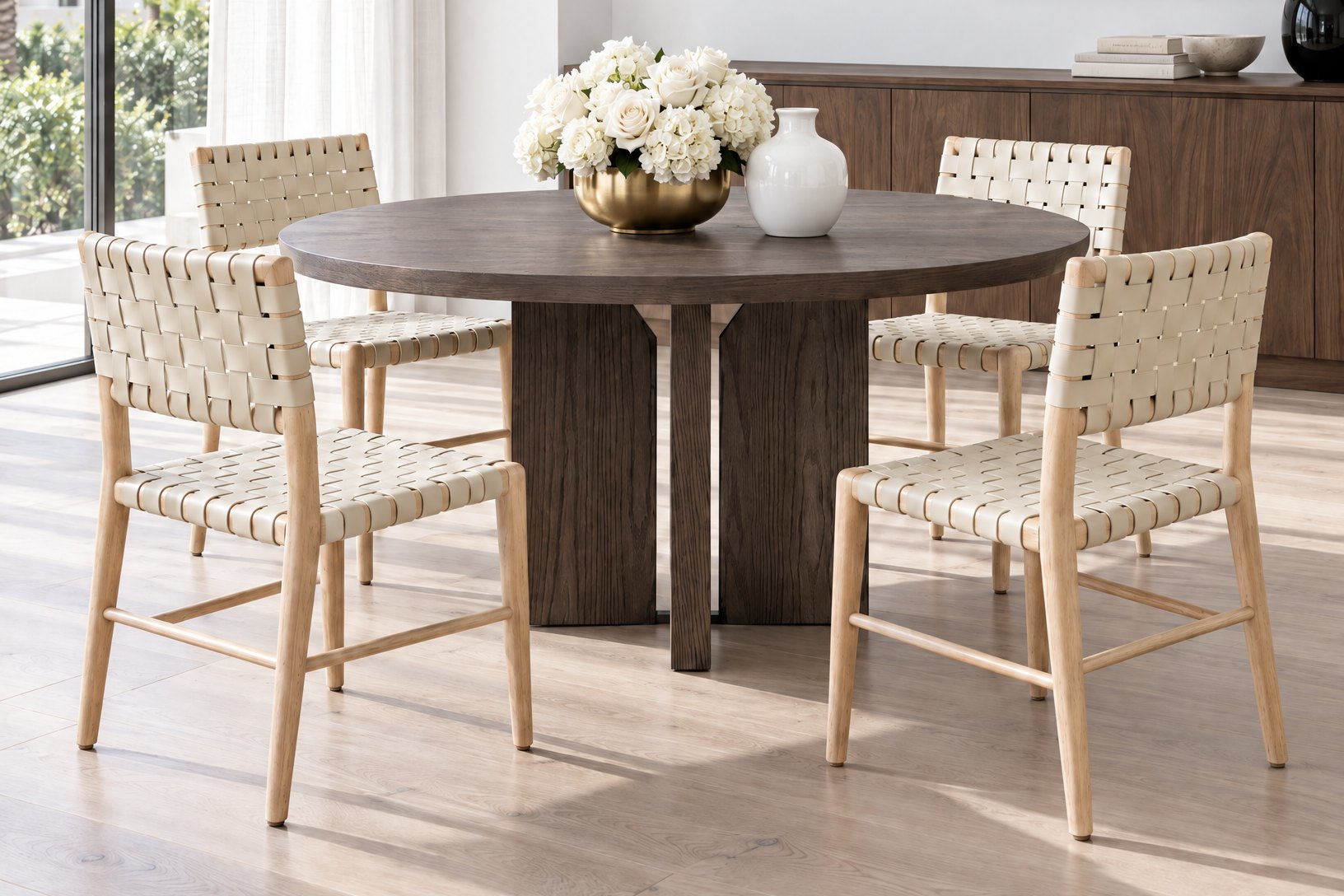 A round smoked oak dining table with four light oak chairs with woven ivory leather, white roses in a brass bowl, a walnut sideboard and white orchids behind.