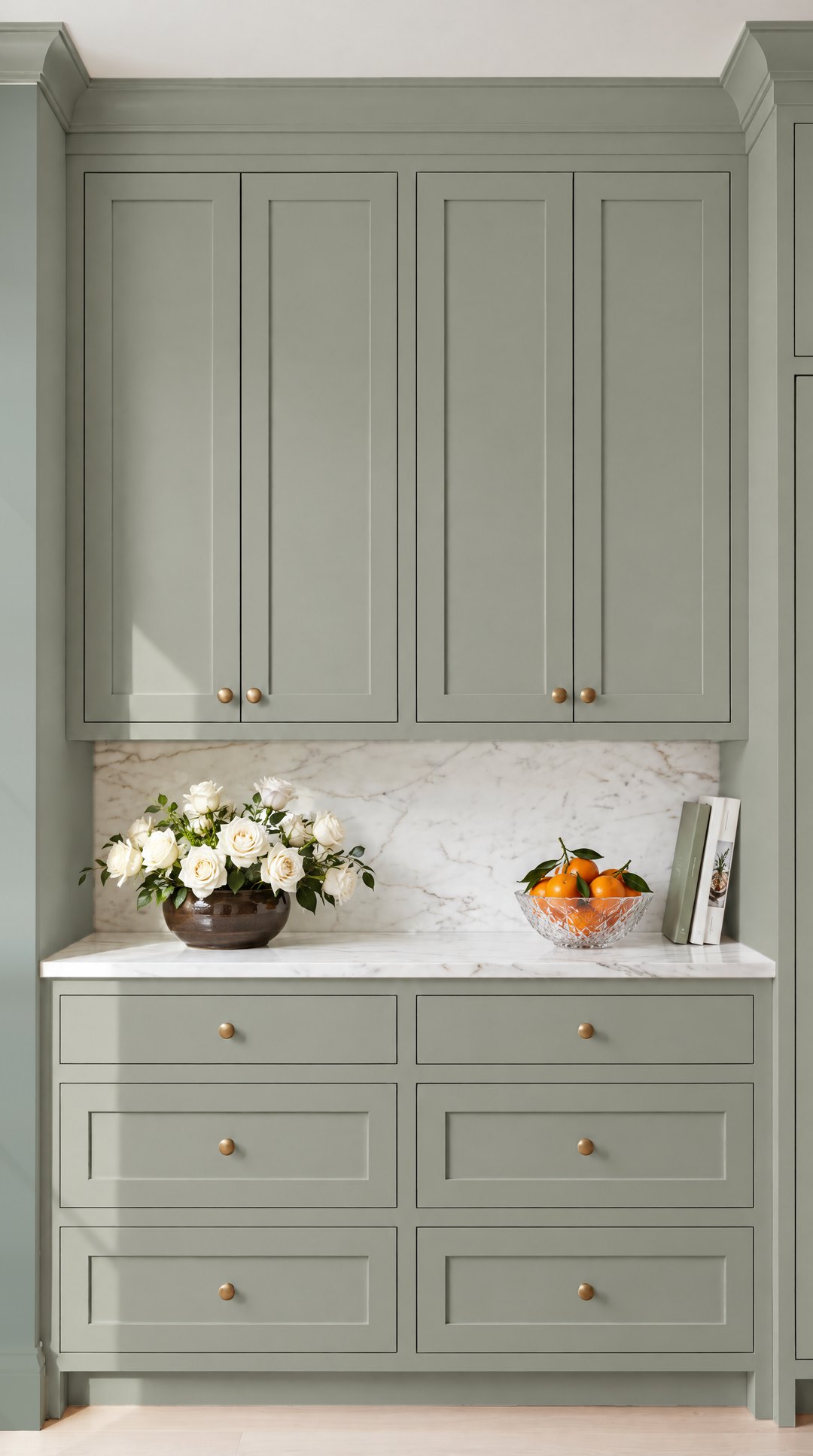 Sage green Evergreen Fog Shaker kitchen cabinets with brass knobs and white marble, design visualisation by Studio Sakaia.