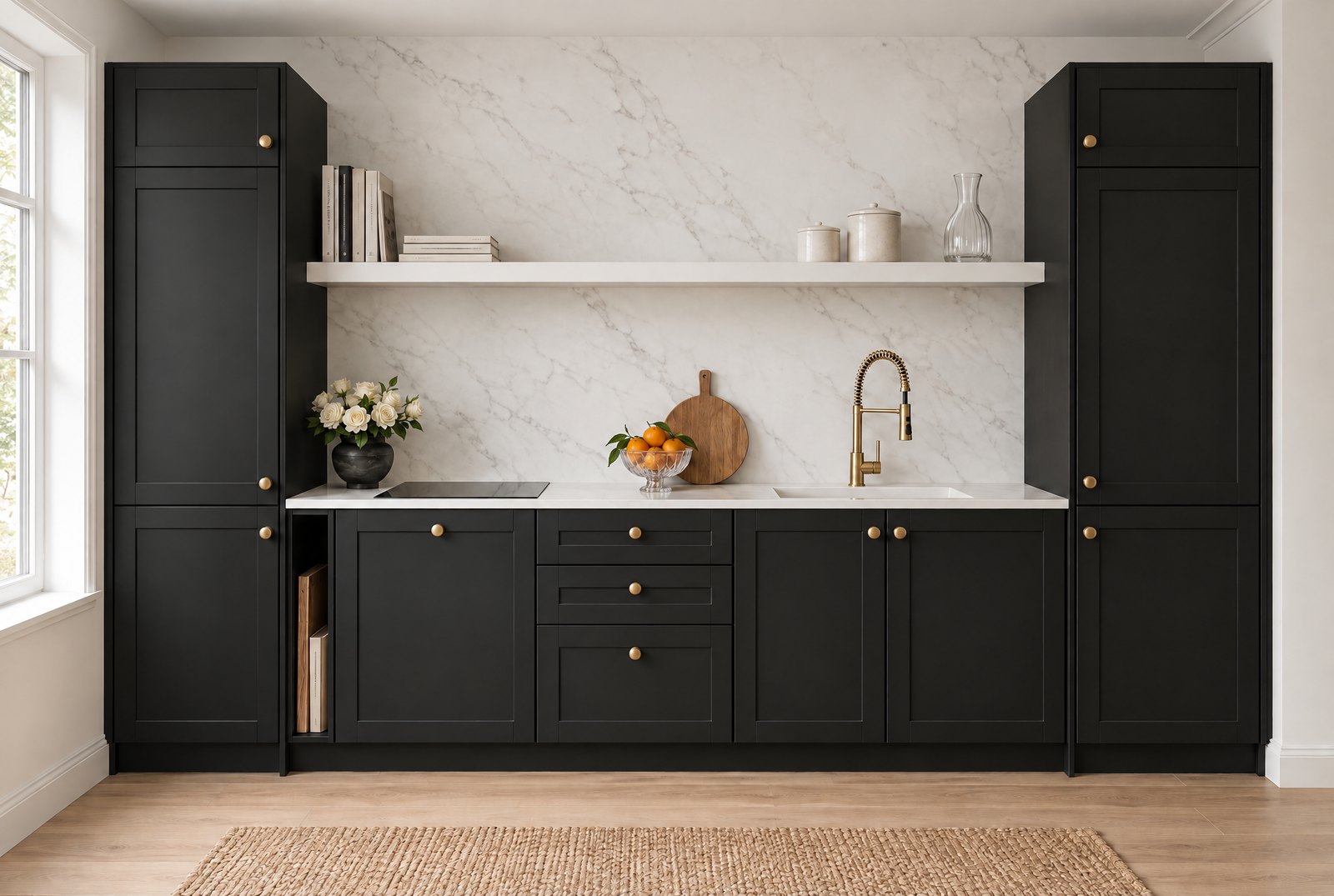 Black Shaker kitchen cabinets with brass knobs, a white marble backsplash and a floating shelf, design visualisation by Studio Sakaia, Dubai.