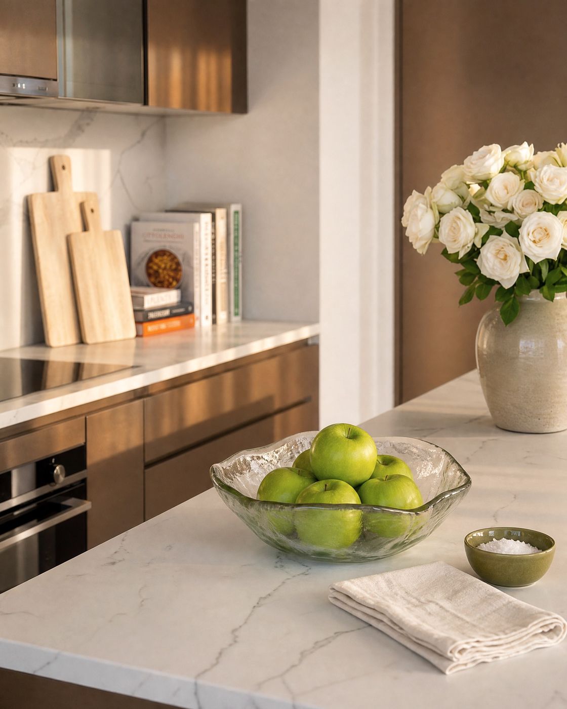 Kitchen island vignette, glass bowl of green apples, folded linen, white roses and cutting boards on a marble island.