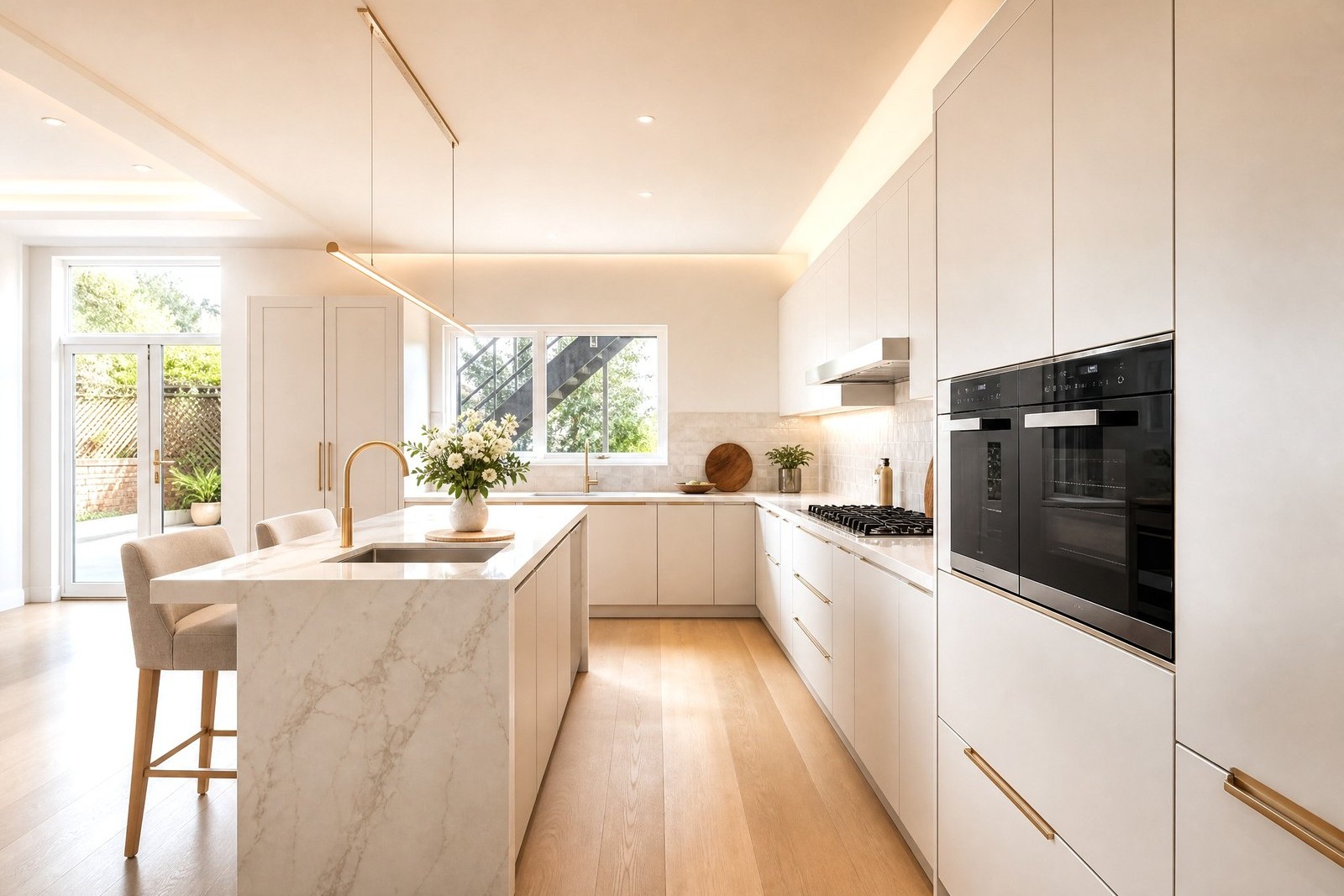 Sakaia visualization: a white kitchen with a marble waterfall island, brass fixtures and light oak wide-plank flooring.