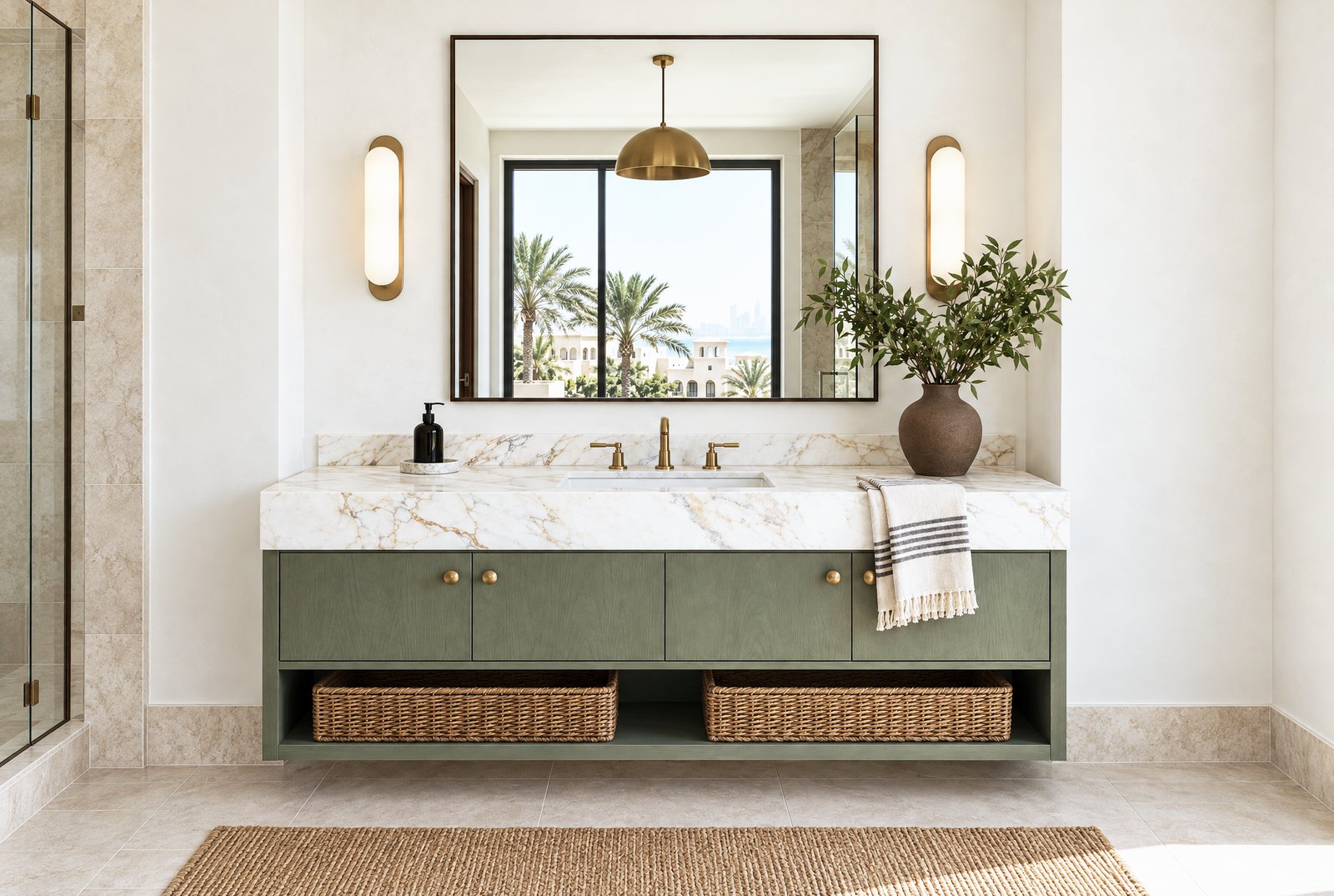 Wall-hung sage green oak vanity with a honed Calacatta Oro marble top, woven baskets and brushed brass wall lights in a bright bathroom, design visualisation by Studio Sakaia.