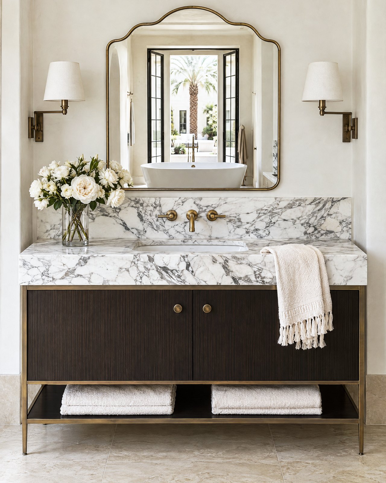 Espresso oak vanity in a slim brass frame with a polished Arabescato marble top and a scalloped brass mirror, design visualisation by Studio Sakaia.