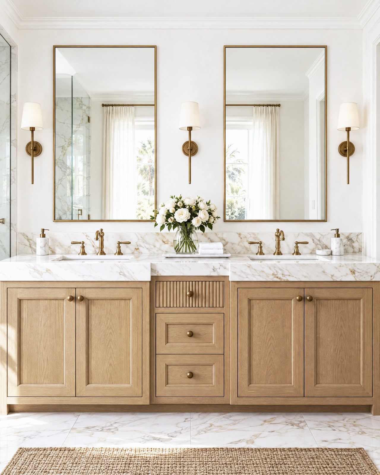 Honey oak double vanity with panelled doors, polished Calacatta Oro marble top and unlacquered brass taps, design visualisation by Studio Sakaia.